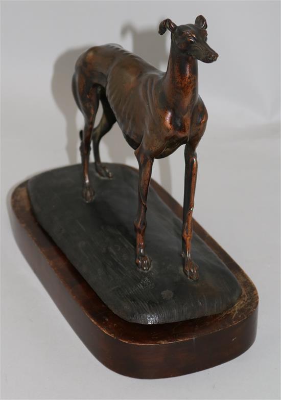 A Victorian copper bronze model of a greyhound, H. 9in.